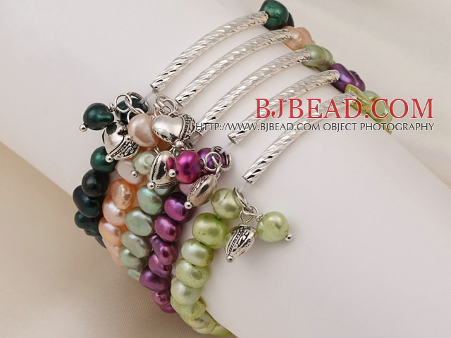 5 pcs Cute Patato Shape Multi Color Pearl Stretchy Bracelets with Tibet Silver Tube and Heart Accessory