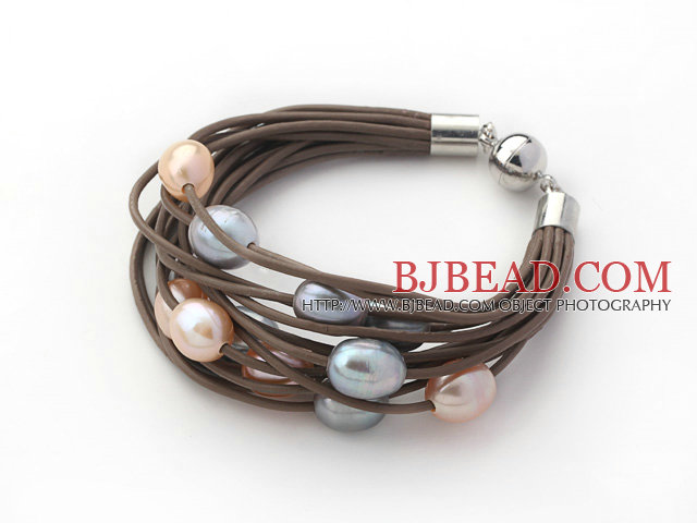 Multi Strands 11-12mm Multi Color Freshwater Pearl Brown Leather Bracelet with Magnetic Clasp