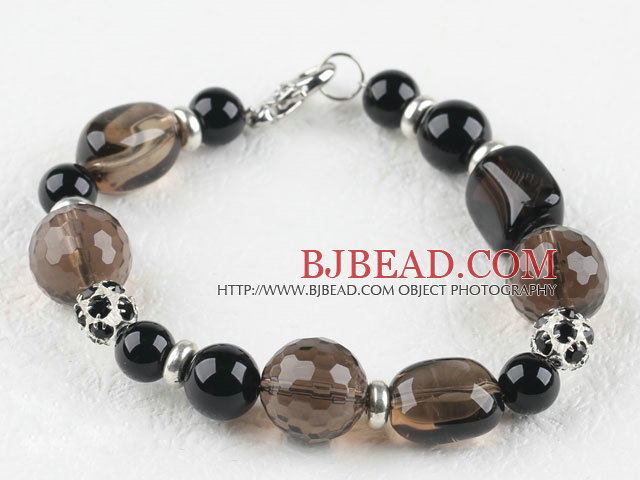 Assorted smoky quartz and black agate bracelet with lobster clasp