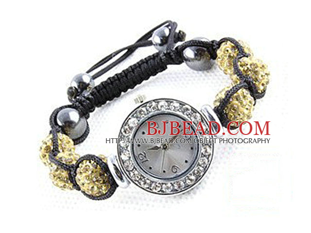 Fashion Style Crystal Yellow Color Rhinestone Ball Watch Drawstring Bracelet