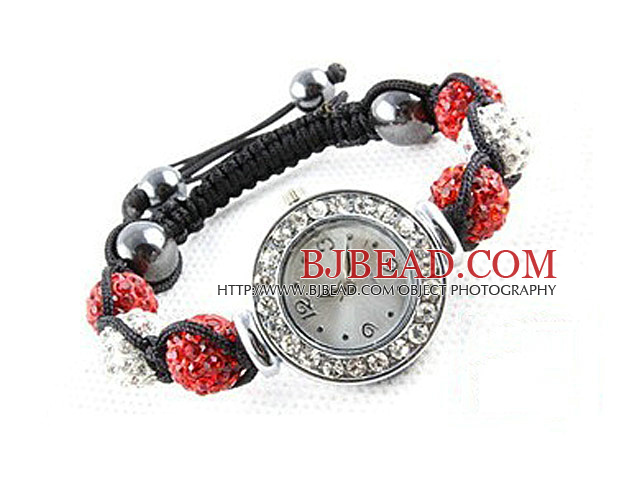 Fashion Style White and Red Color Rhinestone Ball Watch Drawstring Bracelet