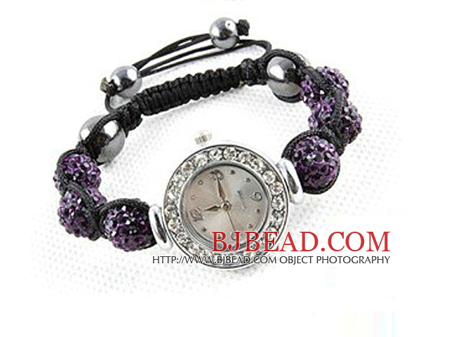 Fashion Style Dark Purple Rhinestone Ball Watch Drawstring Bracelet