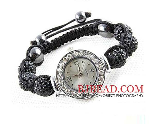 Fashion Style Black Rhinestone Ball Watch Drawstring Bracelet
