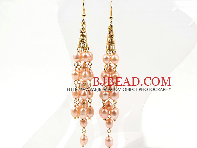 Long Style Natural Pink Freshwater Rice Pearl Tassel Earrings