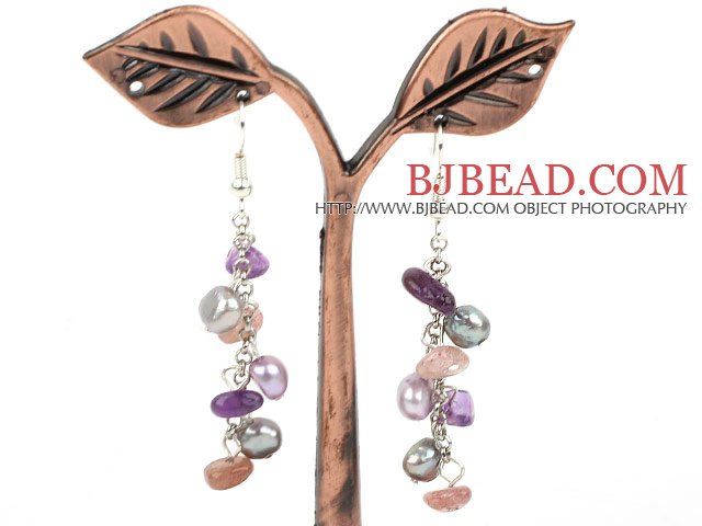 Dangle Style Frshwater Pearl and Amethyst and Strawberry Quartz Long Earrings