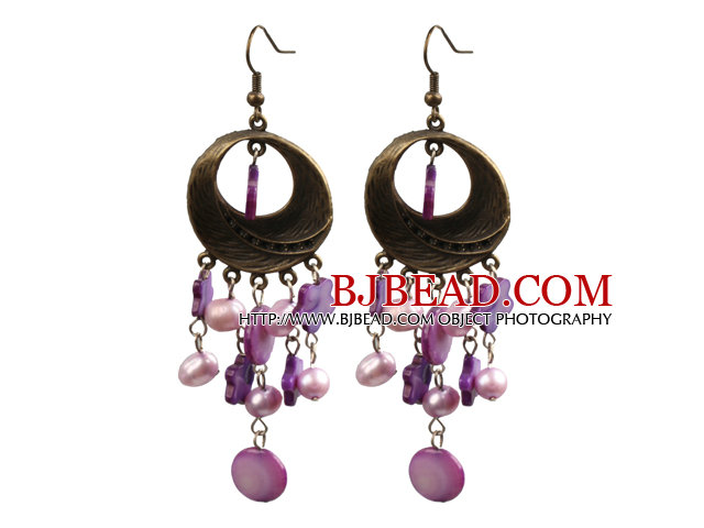 Vintage Style Chandelier Shape Purple Pearl Shell Earrings With Round Bronze Accessory 