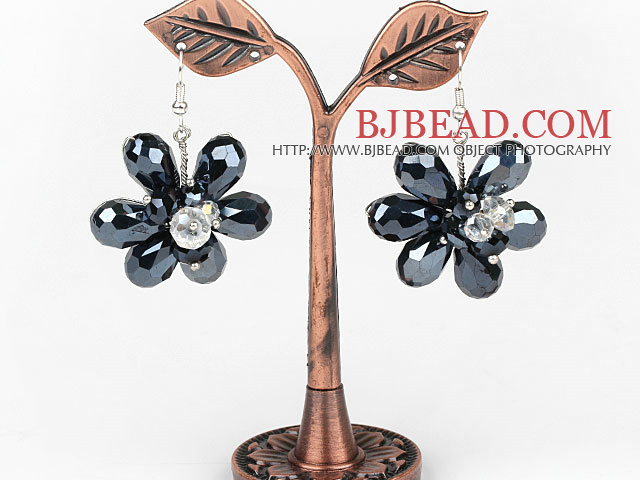 Black Crystal and Clear Crystal Flower Shape Earrings