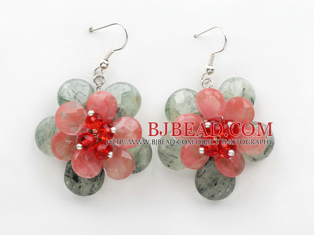 Faceted Prehnite and Cherryq Quartz Flower Shape Earrings