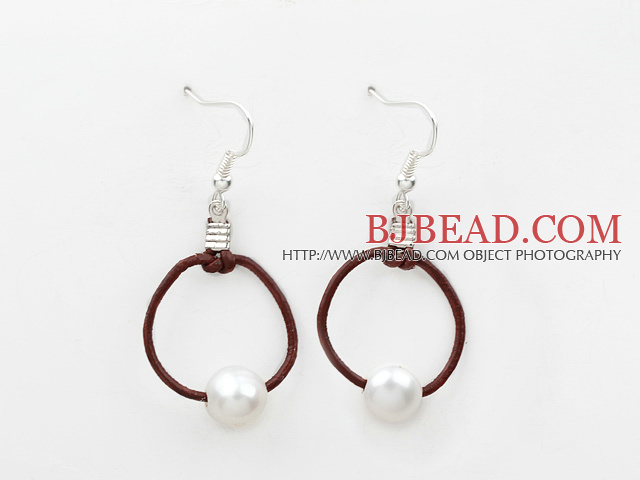 Simple Deisgn Natural White Freshwater Pearl Earrings with Leather Loop Cord
