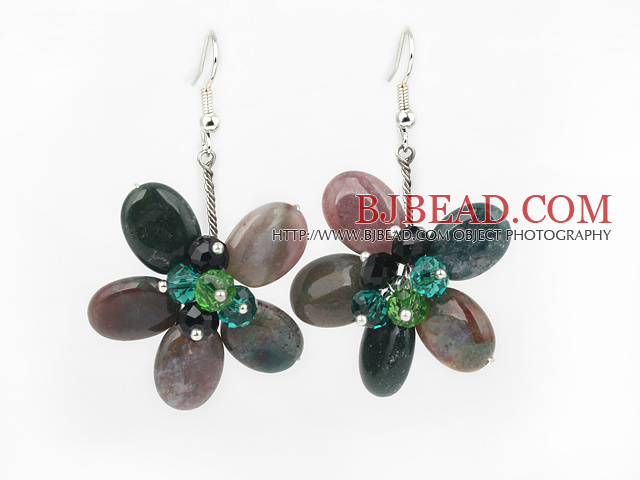 Indian Agate Agate and Crystal Flower Earrings