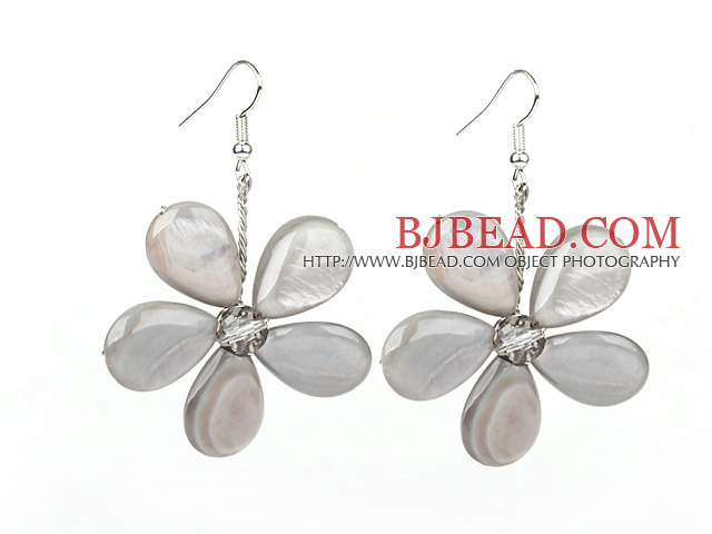 Light Gary Series Gray Shell and Gray Crystal Flower Earrings