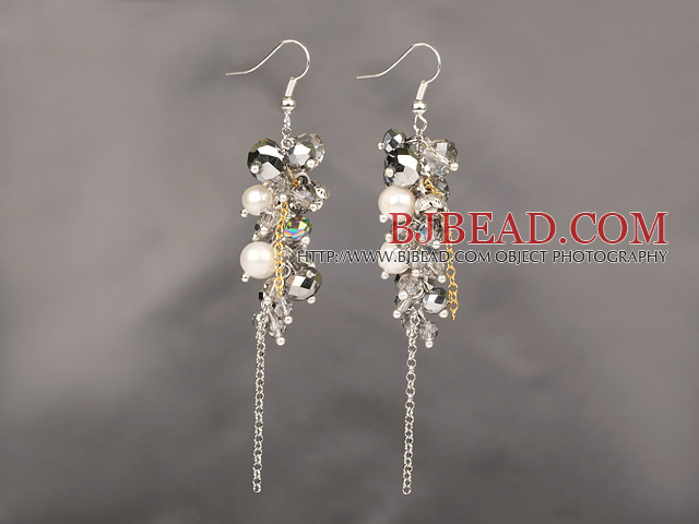Cluster and Dangle Style White Pearl and Gray Pearl Earrings