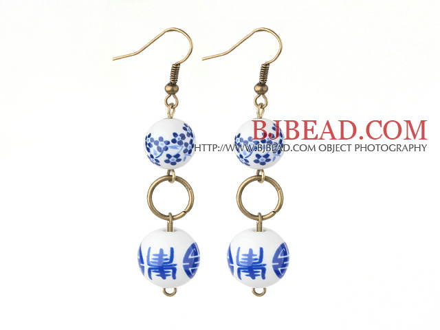Dangle Style Double Round Blue and White Porcelain Beads Earrings