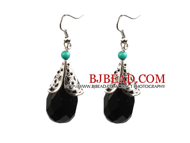 Simple Vintage Style Faceted Black Crystal Dangle Earrings With Tibet Silve Accessory
