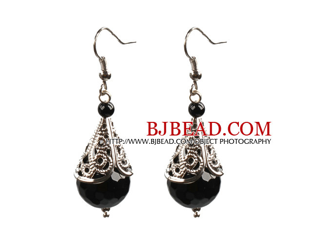 Simple Vintage Style 14Mm Faceted Black Agate Dangle Earrings With Tibet Silve Accessory