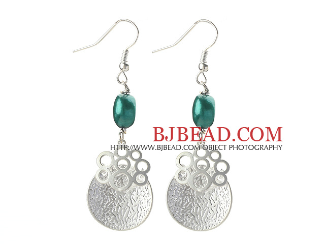 Dangle Style Dark Green Pearl and Immitation Silver Earrings