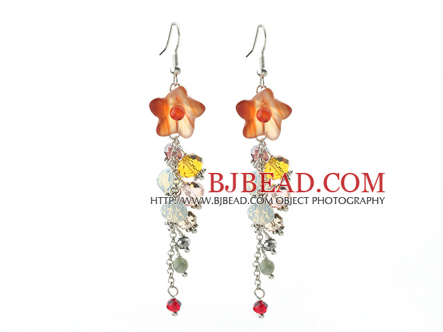 Dangle Style Orange Agate Flower and Multi Color Manmade Crystal Long Earrings