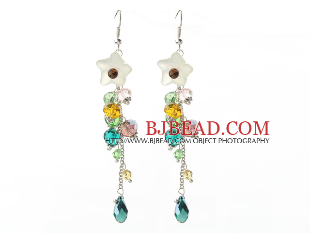 Dangle Style Serpentine Jade Flower and Multi Color Manmade Crystal Long Earrings