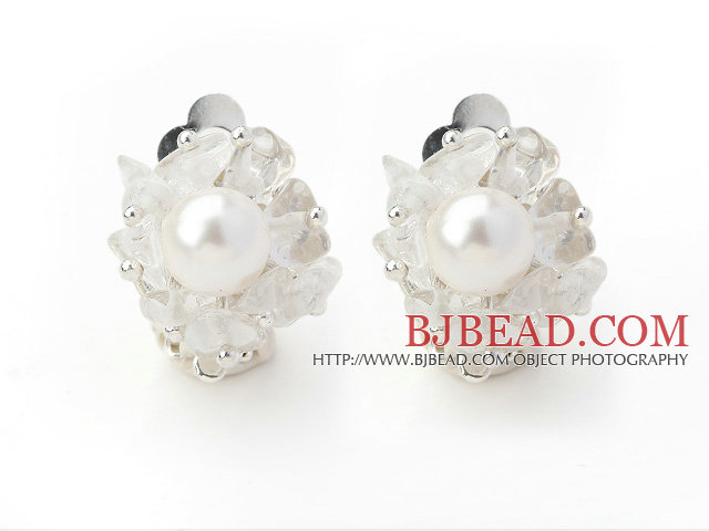 New Design Fashion Style Clear Crystal and White Seashell Beads Clip Earrings