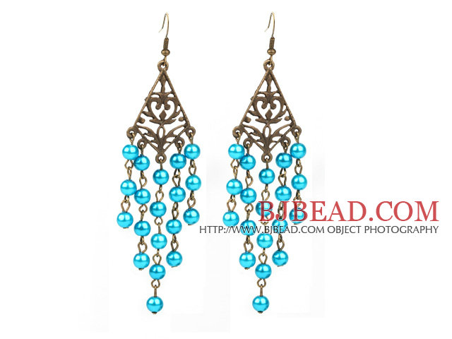 Vintage Style Triangle Shape Accessory and Round Lake Blue Shell Beads Long Earrings