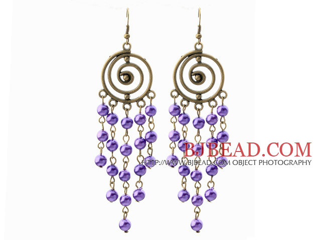 Vintage Style Round Shape Accessory and Round Purple Shell Beads Long Earrings