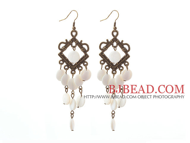 Vintage Style Rhombus Shape Accessory and Flat Round White Shell Long Earrings