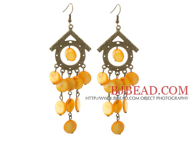 Vintage Style House Shape Accessory and Flat Round Yellow Shell Long Earrings