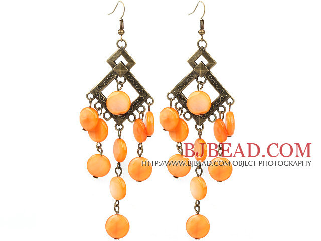 Vintage Style Rhombus Shape Accessory and Flat Round Orange Shell Long Earrings