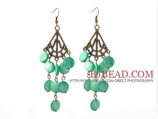 Vintage Style Triangle Shape Accessory and Flat Round Green Shell Long Earrings