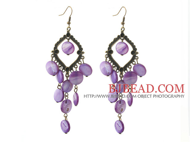Vintage Style Rhombus Shape Accessory and Flat Round Purple Shell Long Earrings