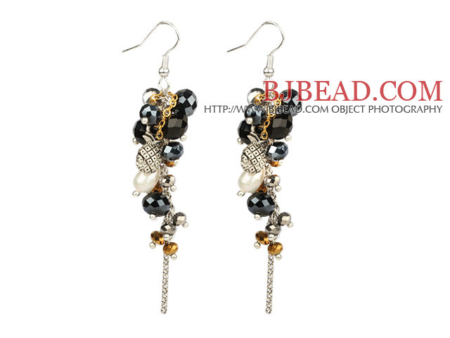 Black Series Black Crystal and White Freshwater Pearl Dangle Earrings