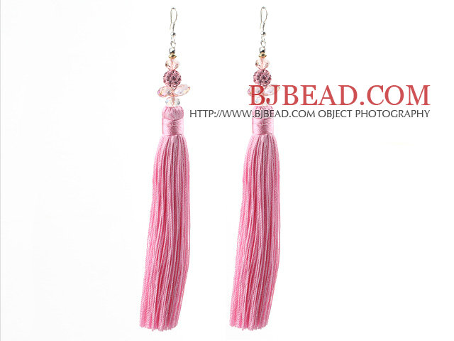China Style Pink Series Pink Crystal and Rhinestone Ball and Pink Color Thread Long Tassel Earrings