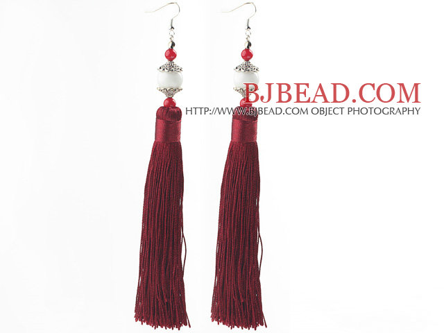 China Style Dark Red Series Red Coral and White Porcelain Stone and Dark Red Thread Long Tassel Earrings