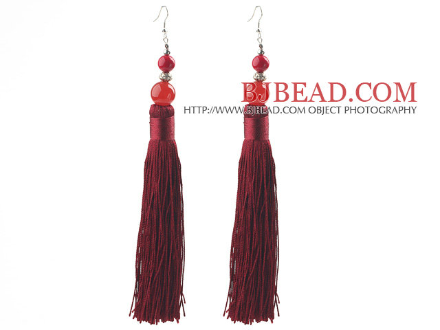 China Style Dark Red Series Carnelian and Alaqueca and Dark Red Thread Long Tassel Earrings
