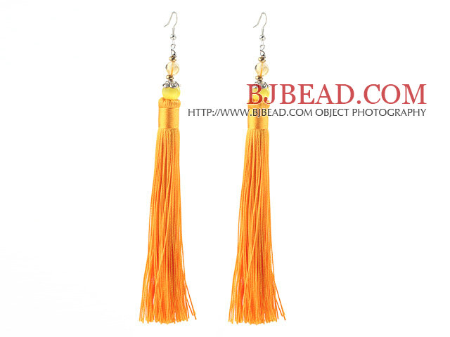 China Style Yellow Series Yellow Cats Eye and Yellow Color Thread Long Tassel Earrings