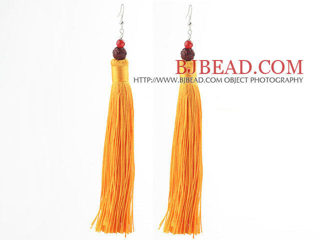 China Style Carnelian and Red Sandalwood Lotus and Orange Yellow Color Thread Long Tassel Earrings