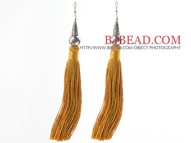 China Style Yellow Brown Series Tibet Silver Accessory and Yellow Brown Thread Long Tassel Earrings