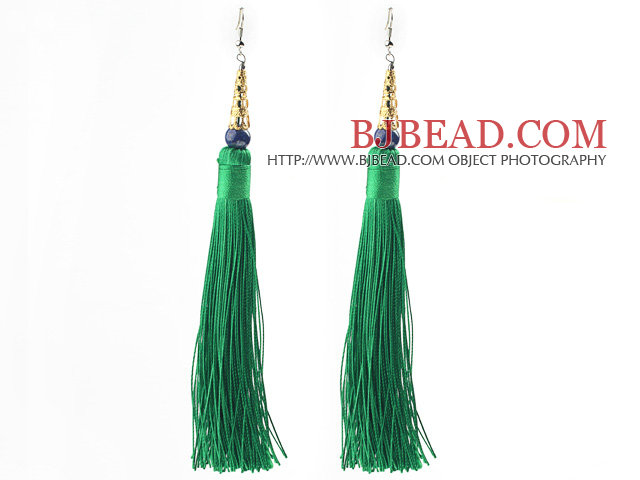 China Style Dark Green Series Lapis and Green Thread Long Tassel Earrings