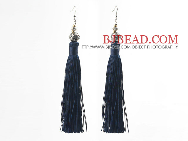 China Style Black Blue Series Tibet Silver Ball and Dark Blue Thread Long Tassel Earrings