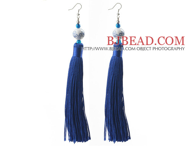 China Style Dark Blue Series Blue Agate and Blue White Porcelain and Thread Long Tassel Earrings