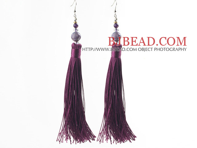 China Style Dark Purple Series Amethyst and Dark Purple Thread Long Tassel Earrings