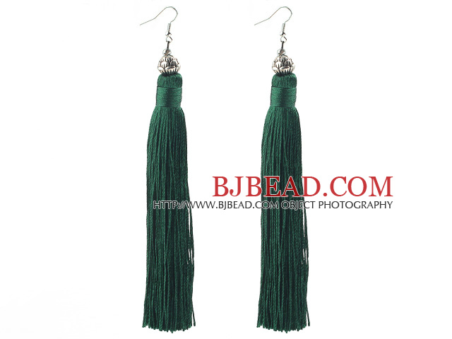 China Style Dark Green Series Tibet Silver Lotus and Green Thread Long Tassel Earrings