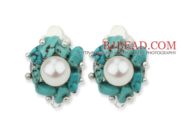 2013 Summer New Design White Freshwater Pearl and Turquoise Chips Clip Earrings