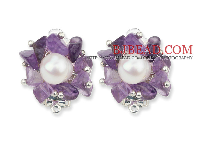2013 Summer New Design White Freshwater Pearl and Amethyst Chips Clip Earrings