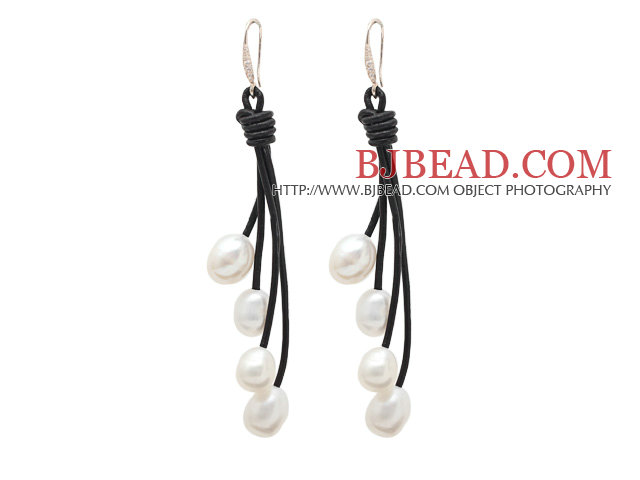 Fashion Style White Freshwater Pearl Leather Dangle Earrings with Black Leather