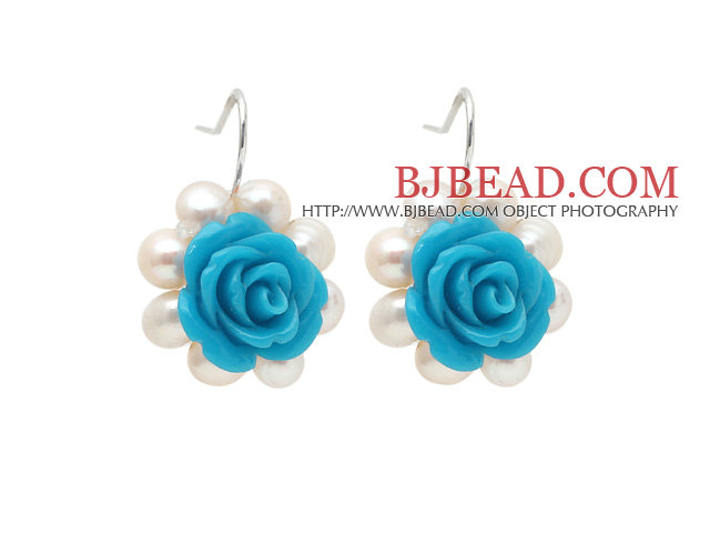 Fashion Style White Freshwater Pearl and Blue Acylic Flower Earrings