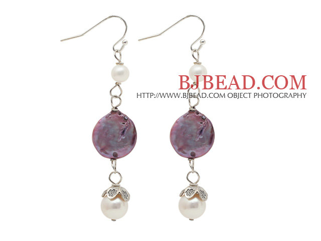 Long Style White Freshwater Pearl and Purple Coin Pearl Dangle Earrings