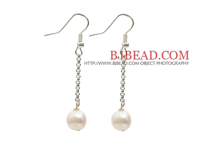 Dangle Style 9-10mm Natural White Freshwater Pearl Long Earrings with Fish Hook