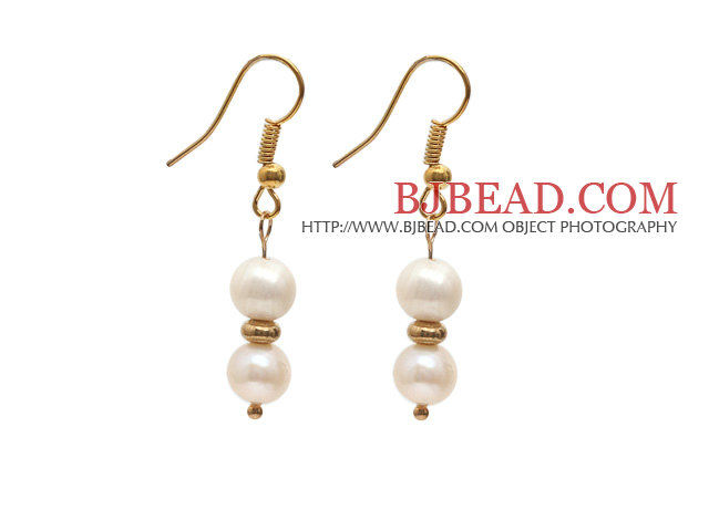 Fashion Style 7-8mm Natural White Freshwater Pearl Beaded Earrings with Yellow Color Fish Hook