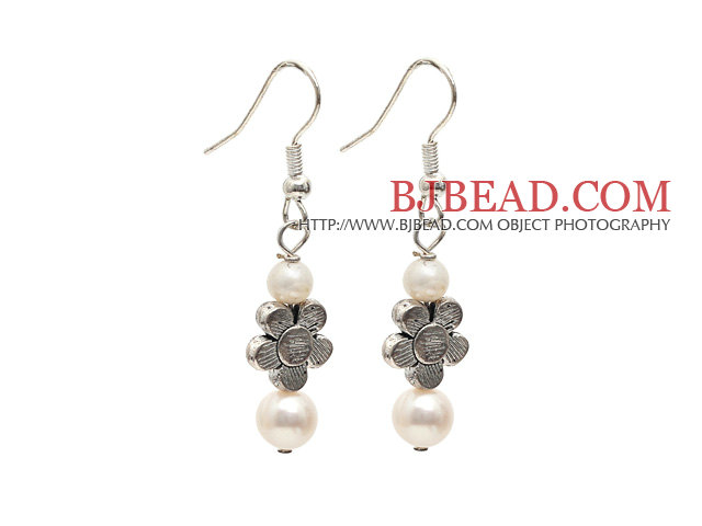 Dangle Style Natural White Freshwater Pearl Long Earrings with Tibet Silver Flower Accessories